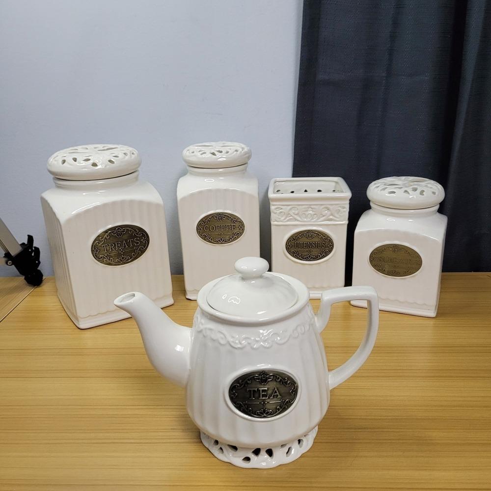 THL French‎ Farmhouse Ceramic Canister Set Teapot Utensils Coffee Sugar